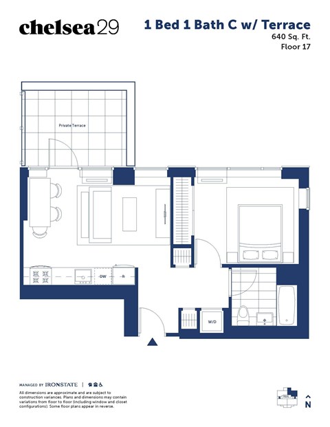 A floor plan for a 1 Bed 1 Bath condo.